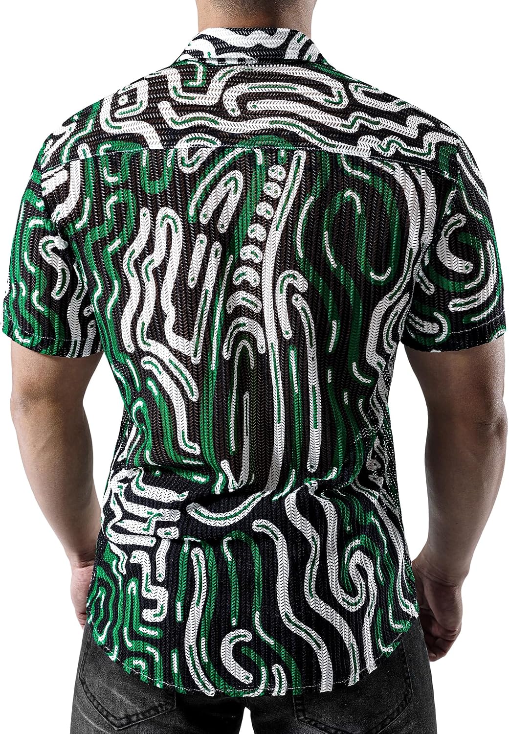 JOGAL MS07 men's Sheer Mesh Floral Short-Sleeve Button-Down Shirt in Green, back view