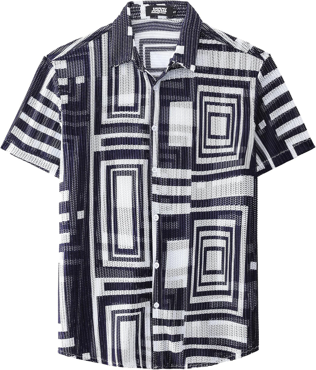JOGAL MS07 men's Sheer Mesh Floral Short-Sleeve Button-Down Shirt in Navy White, front view