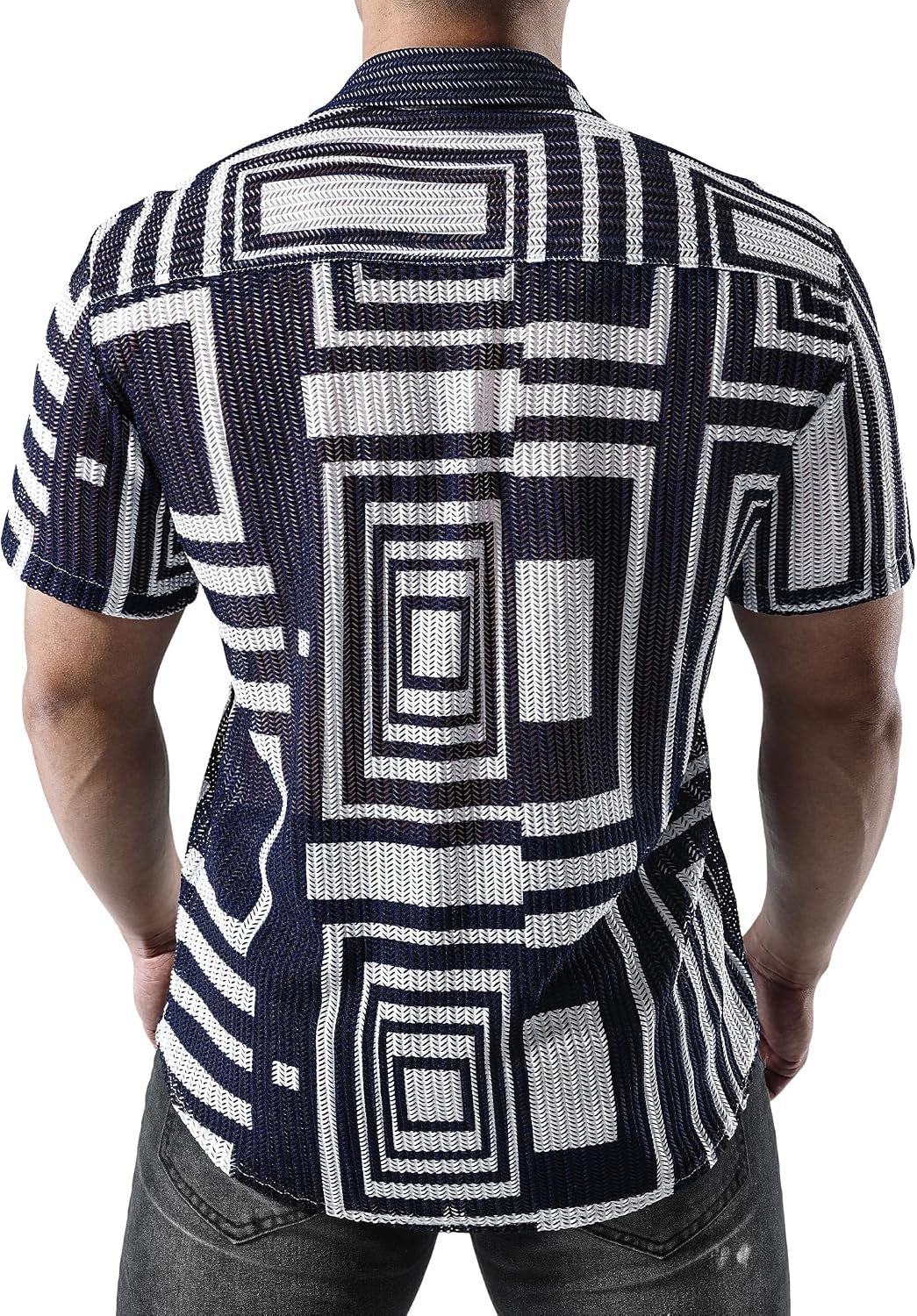 JOGAL MS07 men's Sheer Mesh Floral Short-Sleeve Button-Down Shirt in Navy White, back view