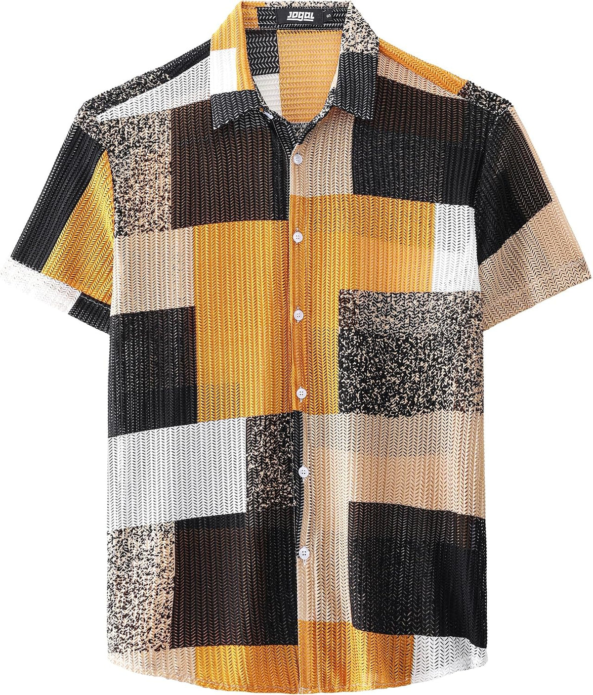 JOGAL MS07 men's Sheer Mesh Floral Short-Sleeve Button-Down Shirt in Orange Black, front view