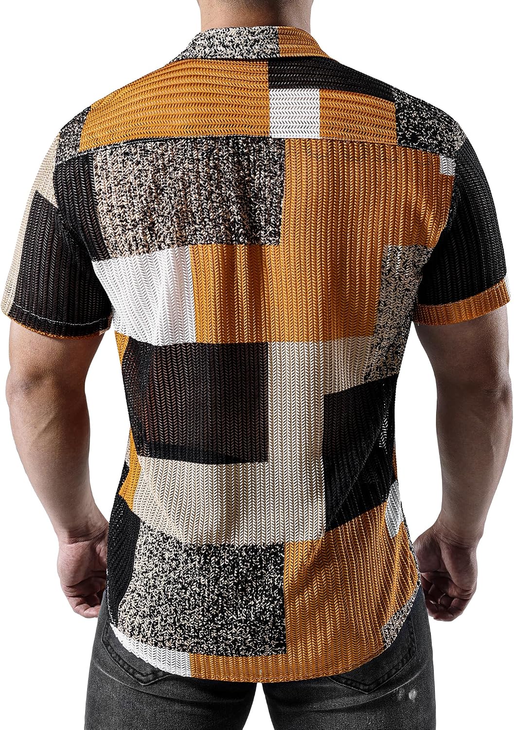 JOGAL MS07 men's Sheer Mesh Floral Short-Sleeve Button-Down Shirt in Orange Black, back view