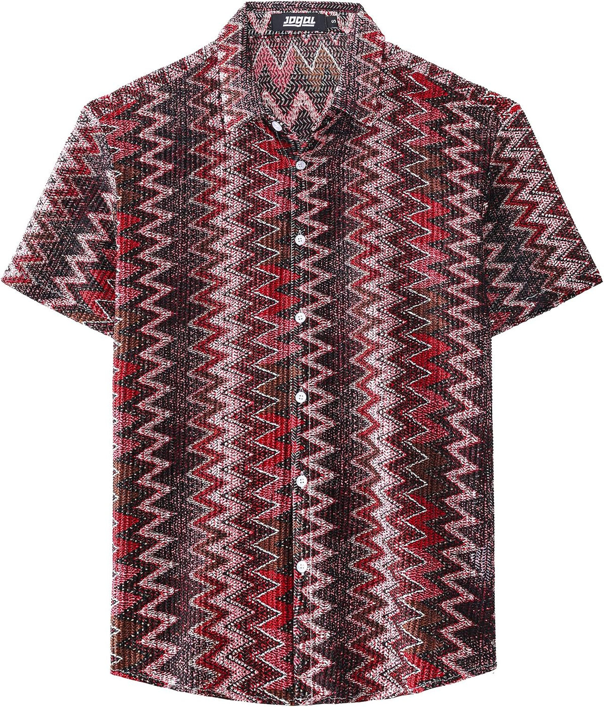 JOGAL MS07 men's Sheer Mesh Floral Short-Sleeve Button-Down Shirt in Red, front view