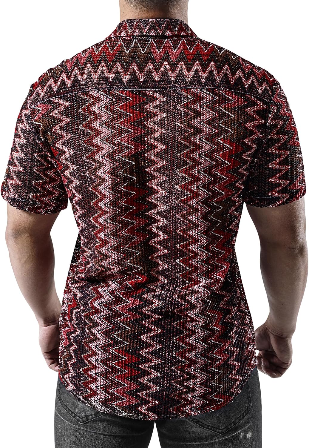 JOGAL MS07 men's Sheer Mesh Floral Short-Sleeve Button-Down Shirt in Red, back view