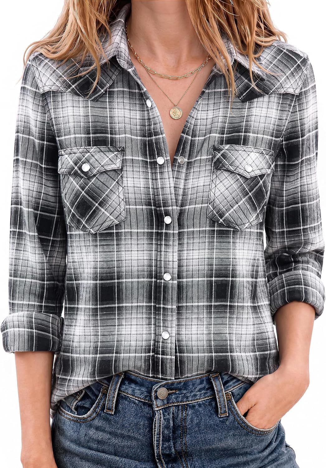 JOGAL Women's Western Plaid Pearl-Snap Shirt - Black Grey - model front