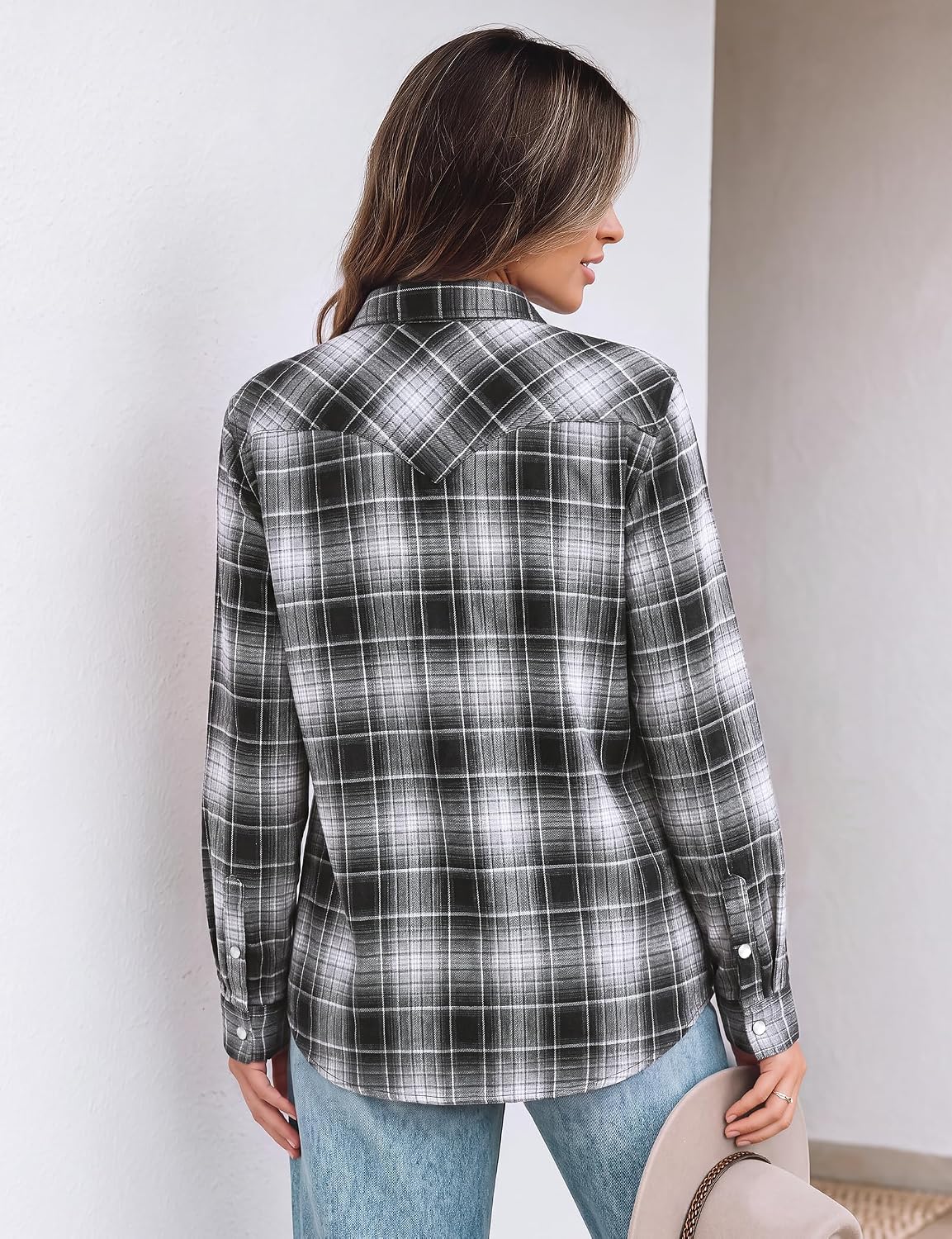 JOGAL Women's Western Plaid Pearl-Snap Shirt - Black Grey - rear three quarter