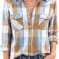 JOGAL Women's Western Plaid Pearl-Snap Shirt - Blue Beige - model front