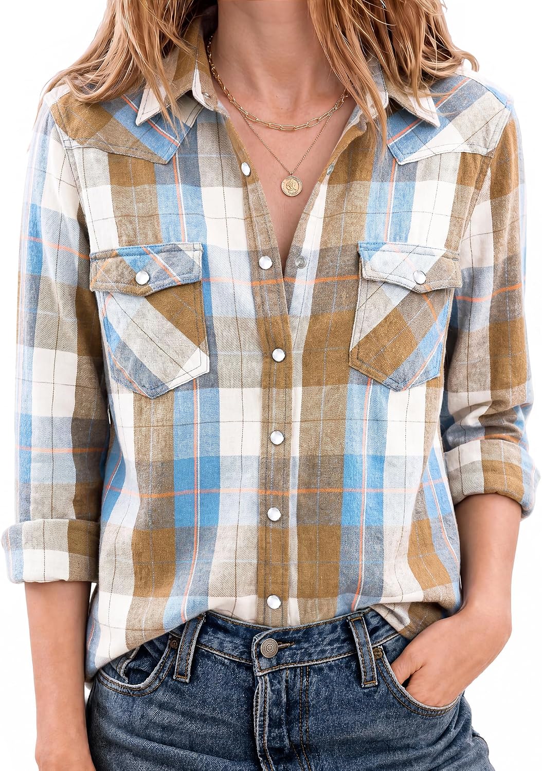JOGAL Women's Western Plaid Pearl-Snap Shirt - Blue Beige - model front