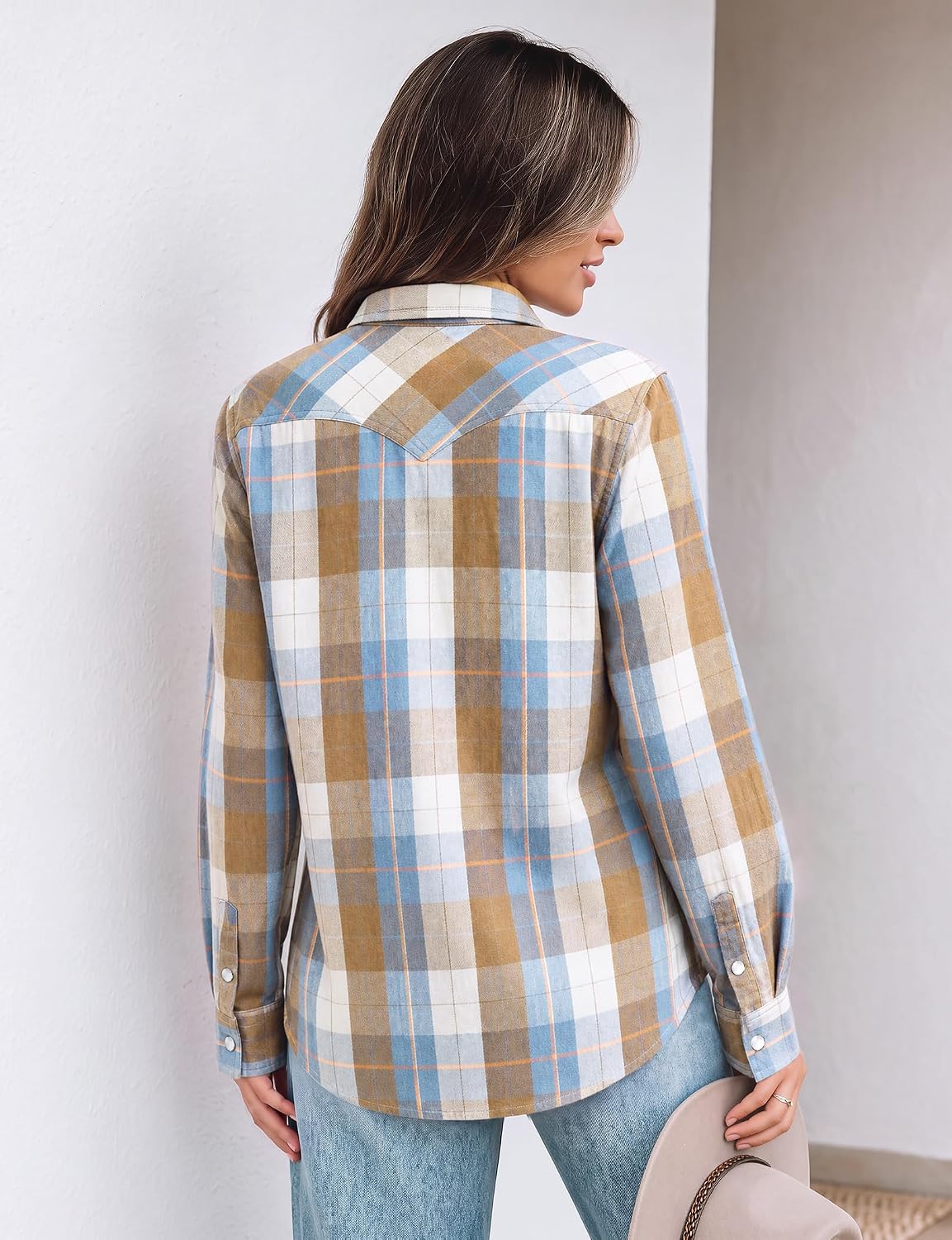 JOGAL Women's Western Plaid Pearl-Snap Shirt - Blue Beige - rear three quarter