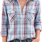 JOGAL Women's Western Plaid Pearl-Snap Shirt - Blue Gray - model front