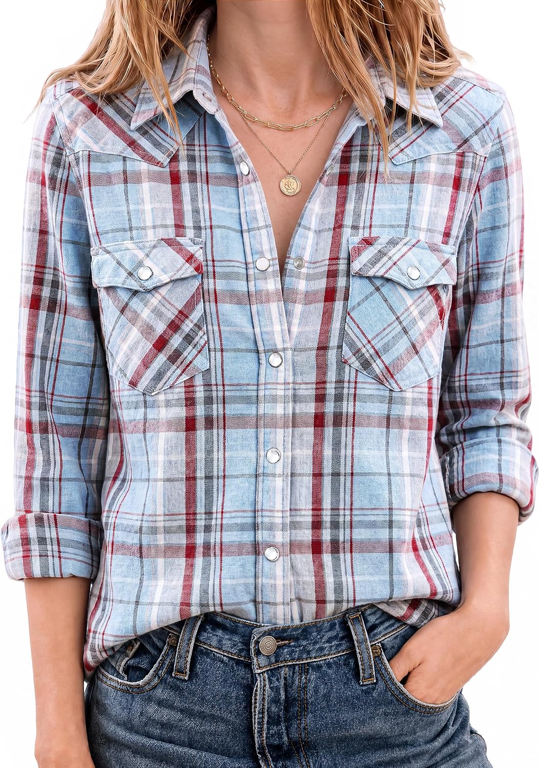 JOGAL Women's Western Plaid Pearl-Snap Shirt - Blue Gray - model front