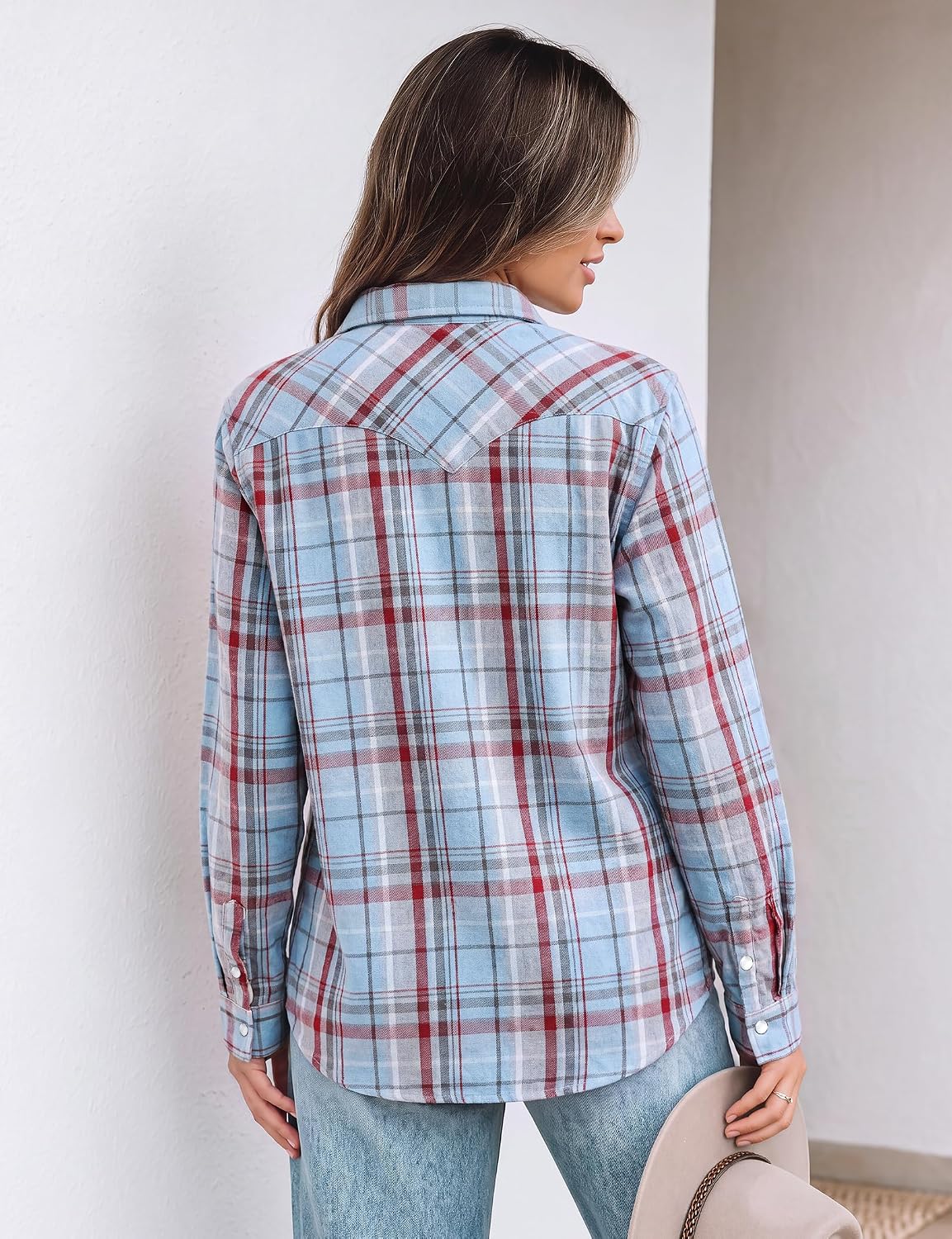 JOGAL Women's Western Plaid Pearl-Snap Shirt - Blue Gray - rear three quarter