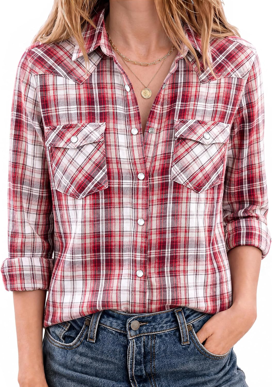 JOGAL Women's Western Plaid Pearl-Snap Shirt - Burgundy - model front