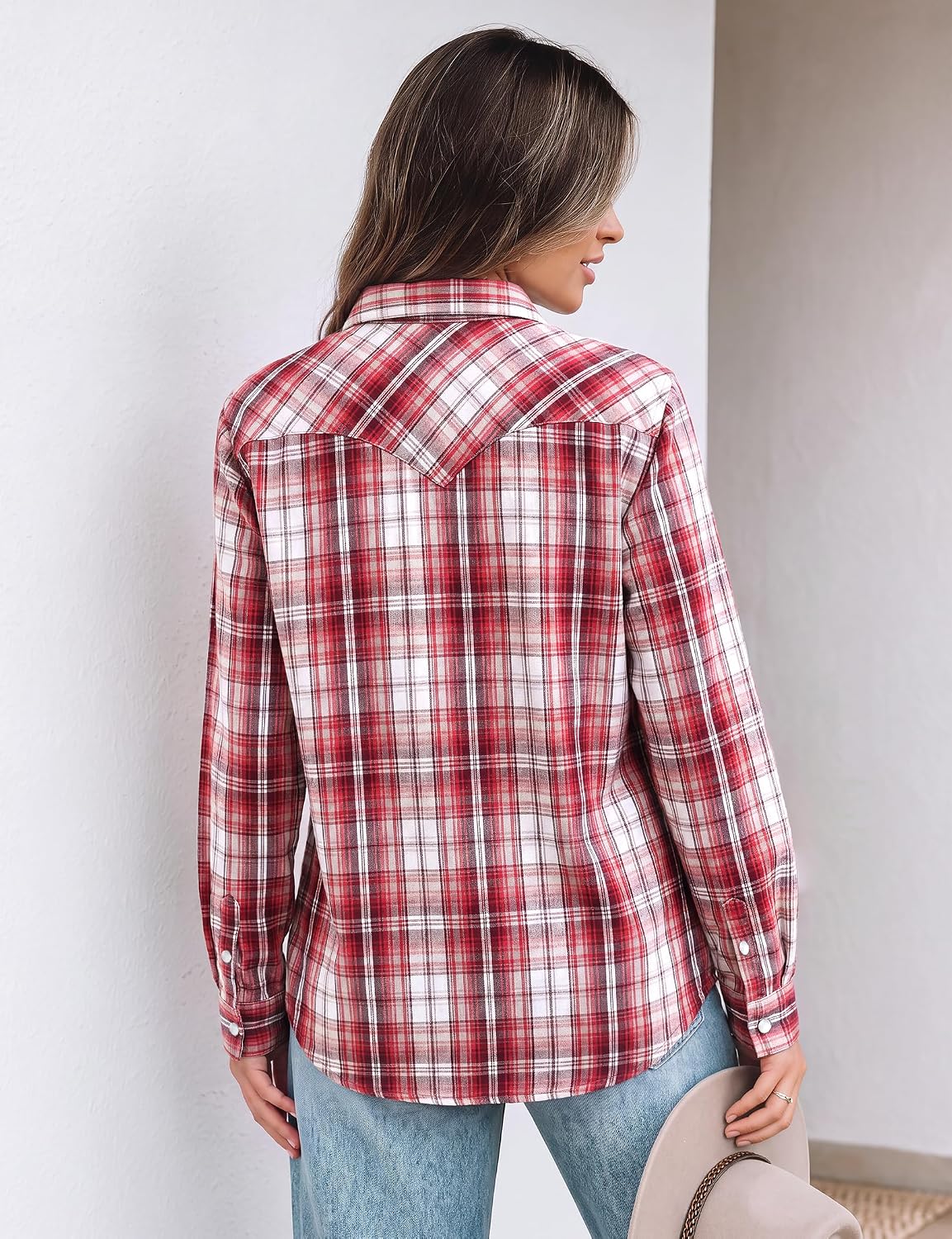JOGAL Women's Western Plaid Pearl-Snap Shirt - Burgundy - rear three quarter