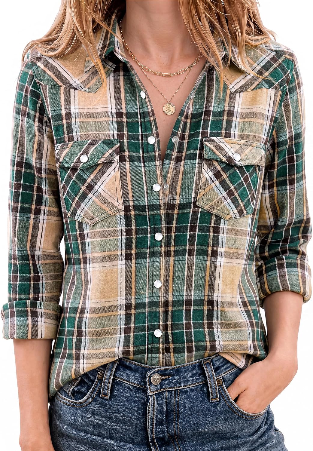 JOGAL Women's Western Plaid Pearl-Snap Shirt - Dark Green Beige - model front