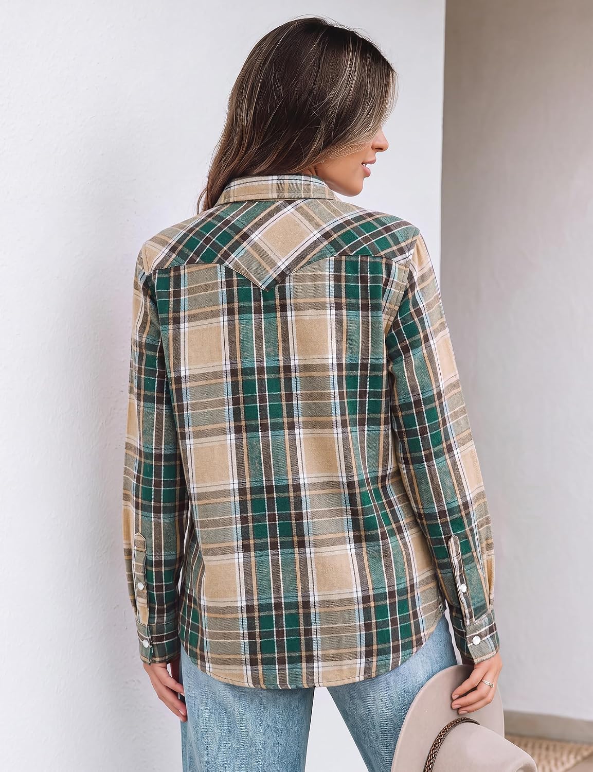 JOGAL Women's Western Plaid Pearl-Snap Shirt - Dark Green Beige - rear three quarter
