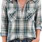JOGAL Women's Western Plaid Pearl-Snap Shirt - Green Beige - model front