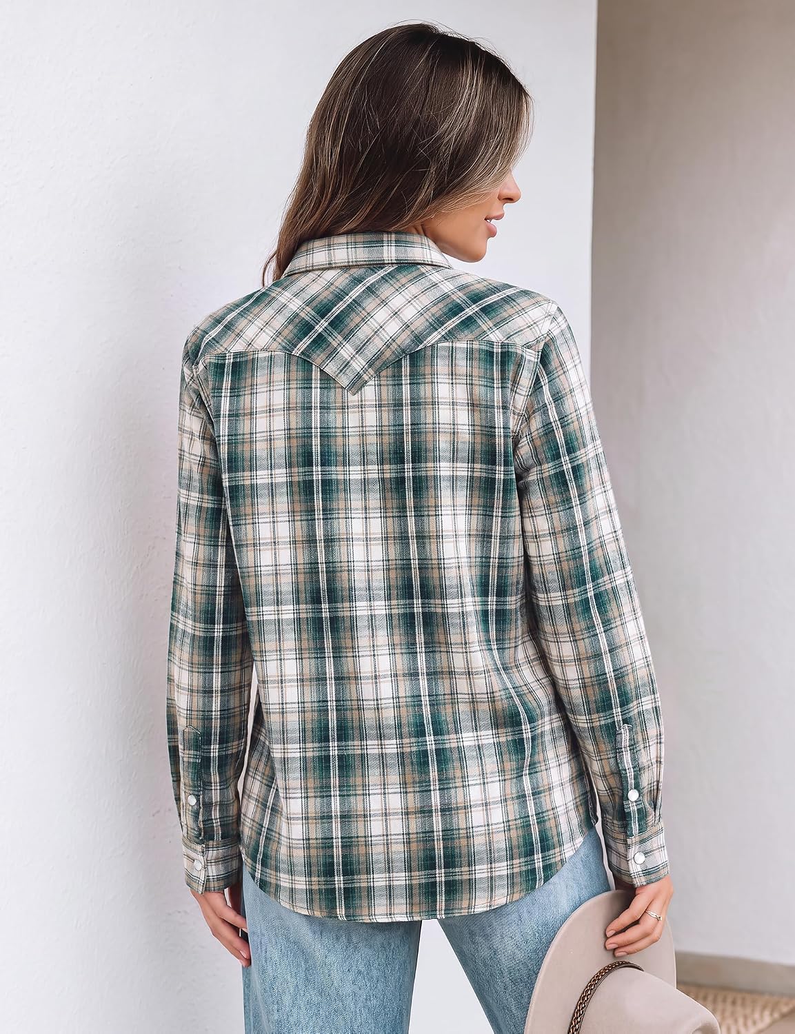 JOGAL Women's Western Plaid Pearl-Snap Shirt - Green Beige - rear three quarter