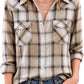 JOGAL Women's Western Plaid Pearl-Snap Shirt - Khaki White - model front