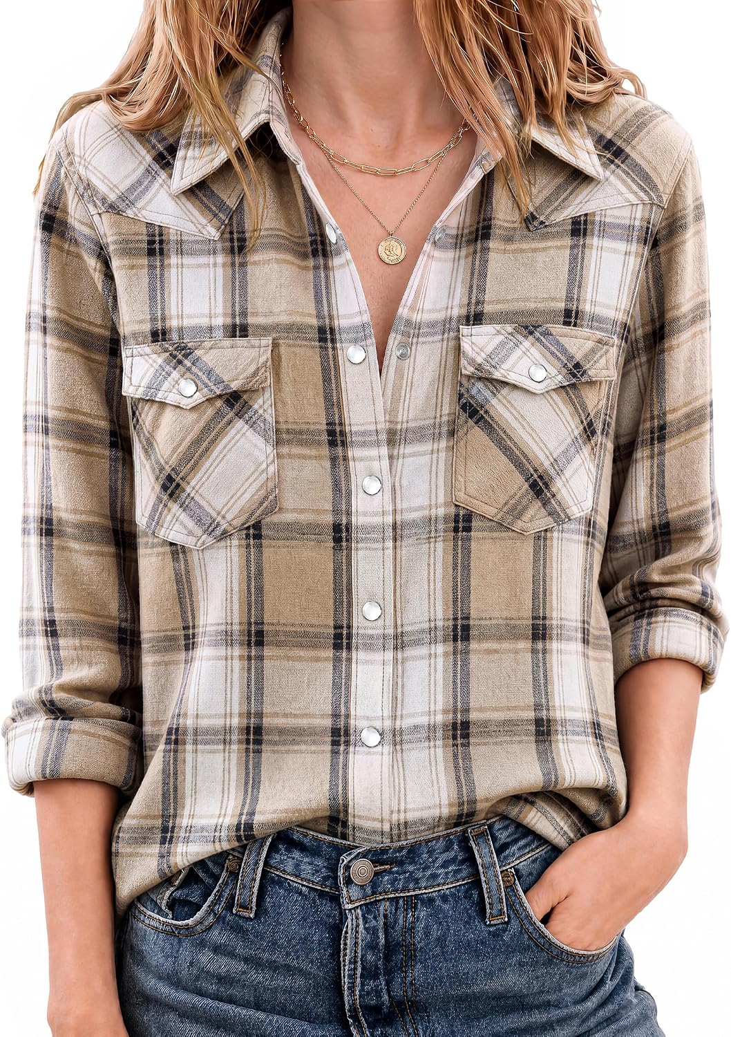 JOGAL Women's Western Plaid Pearl-Snap Shirt - Khaki White - model front
