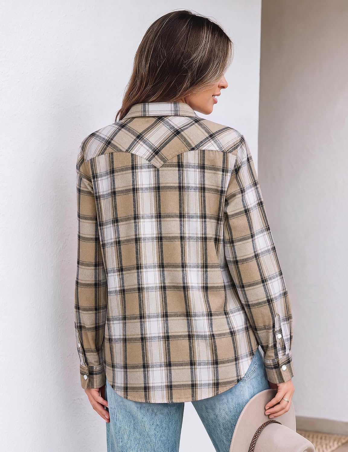 JOGAL Women's Western Plaid Pearl-Snap Shirt - Khaki White - rear three quarter