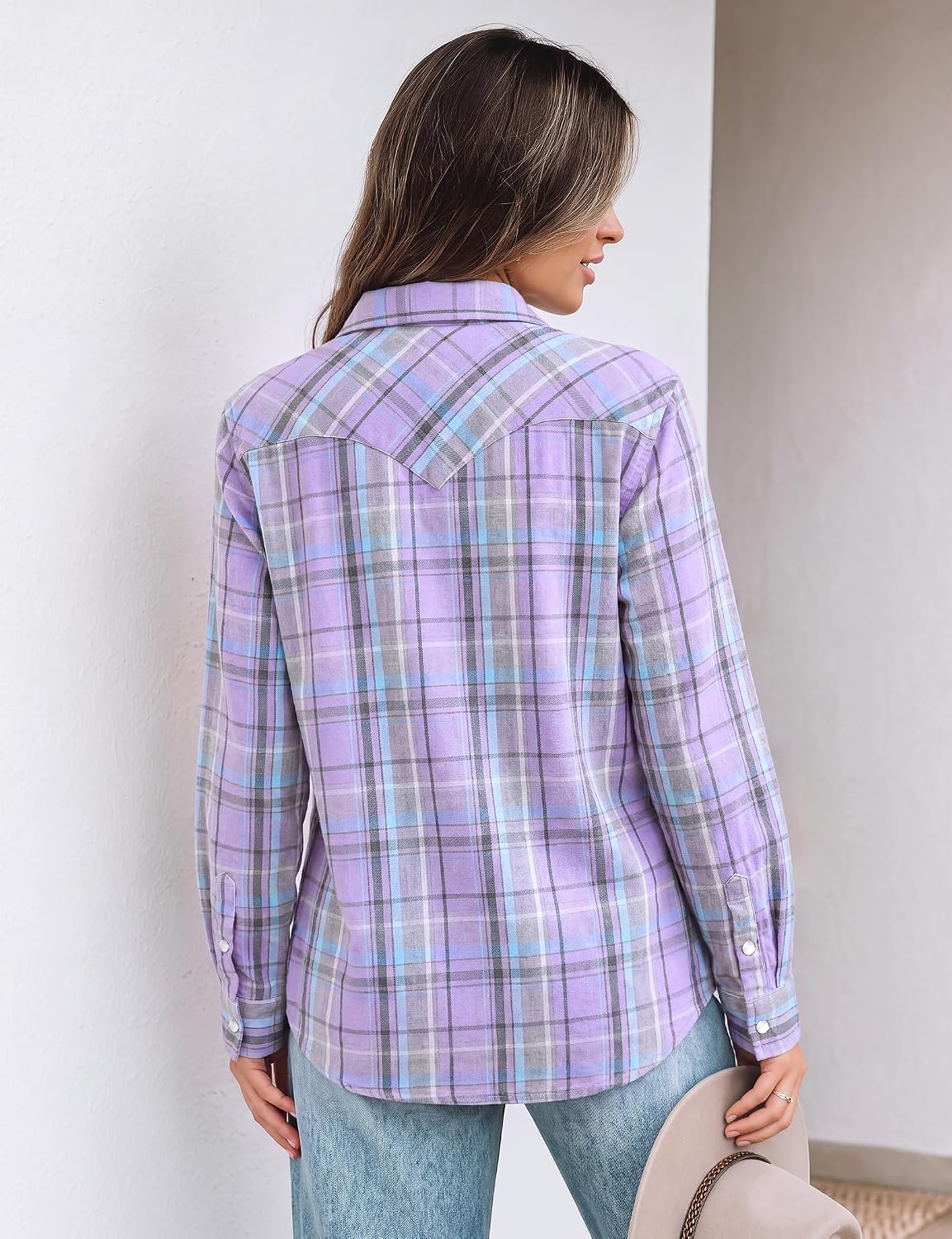 JOGAL Women's Western Plaid Pearl-Snap Shirt - Lavender - rear three quarter