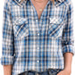 JOGAL Women's Western Plaid Pearl-Snap Shirt - Navy Beige - model front