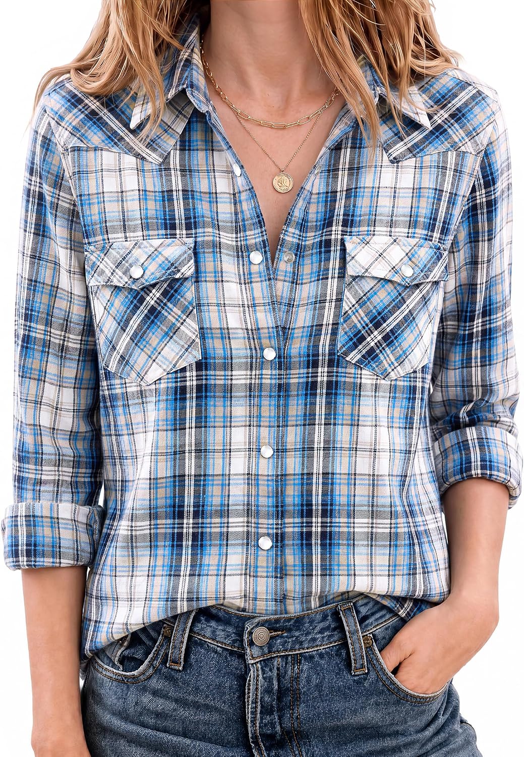 JOGAL Women's Western Plaid Pearl-Snap Shirt - Navy Beige - model front