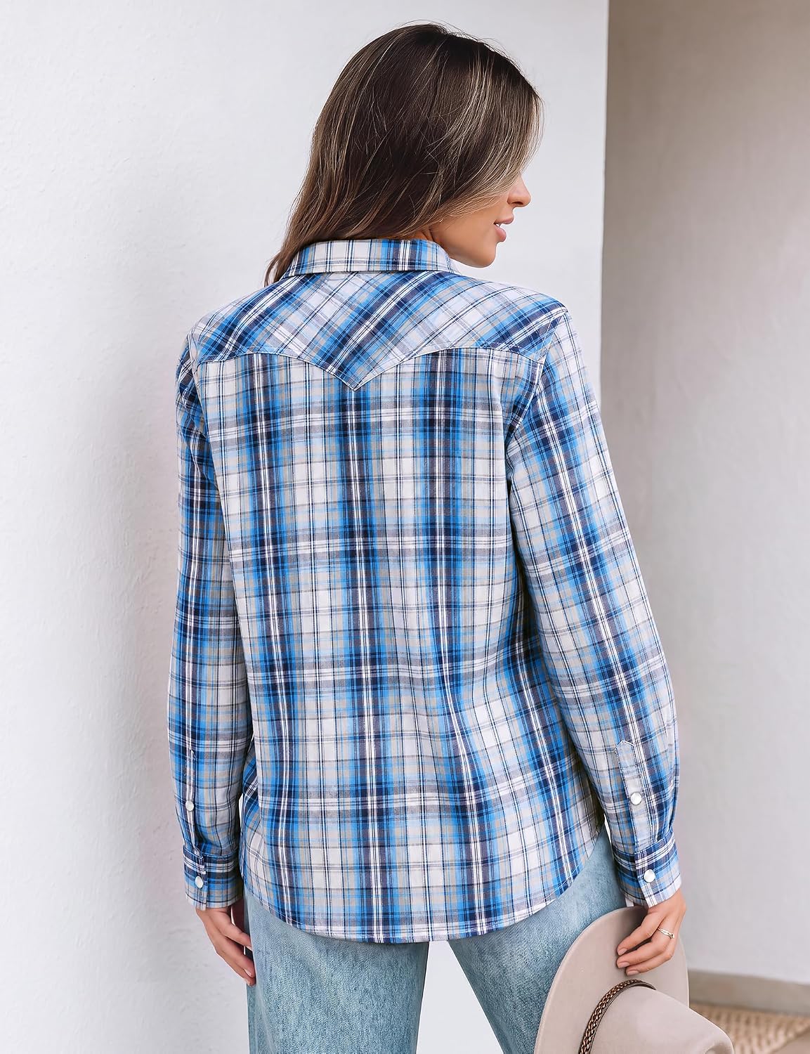 JOGAL Women's Western Plaid Pearl-Snap Shirt - Navy Beige - rear three quarter