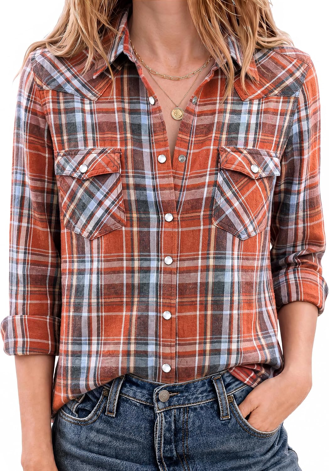 JOGAL Women's Western Plaid Pearl-Snap Shirt - Orange Blue - model front