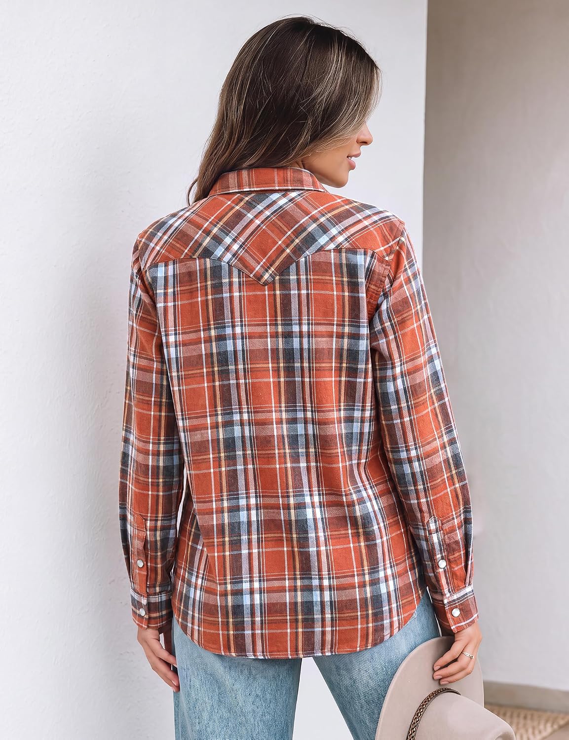 JOGAL Women's Western Plaid Pearl-Snap Shirt - Orange Blue - rear three quarter