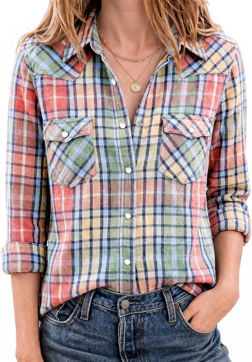 JOGAL Women's Western Plaid Pearl-Snap Shirt - Orange Green - model front