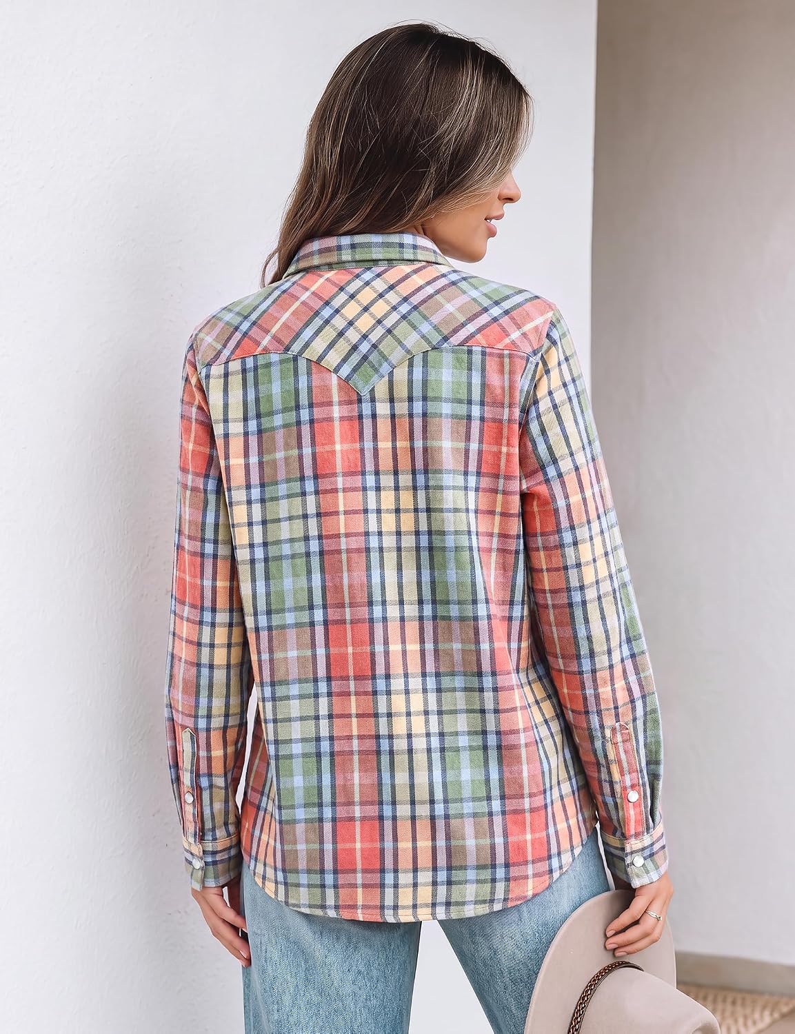 JOGAL Women's Western Plaid Pearl-Snap Shirt - Orange Green - rear three quarter
