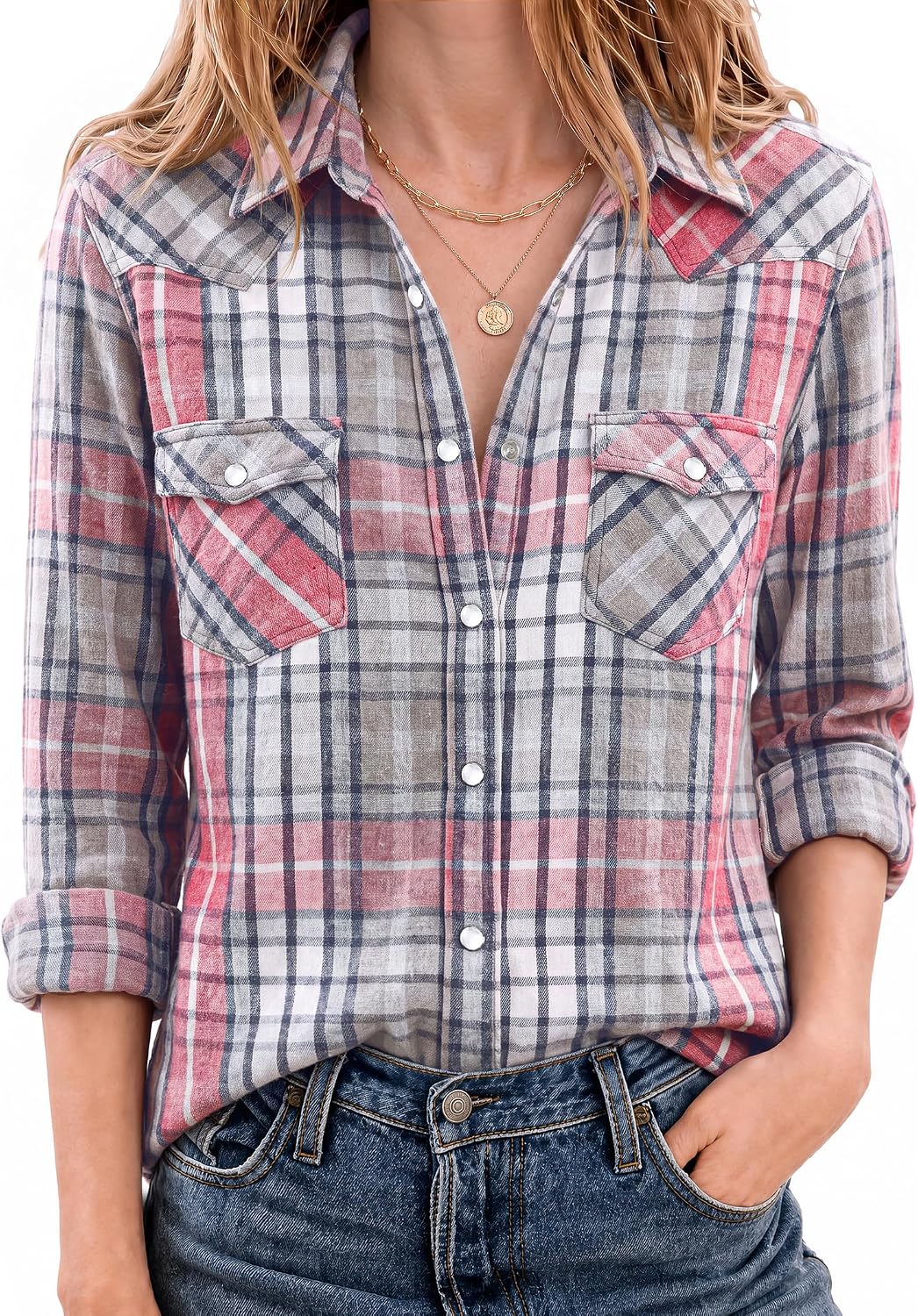 JOGAL Women's Western Plaid Pearl-Snap Shirt - Pink Grey - model front