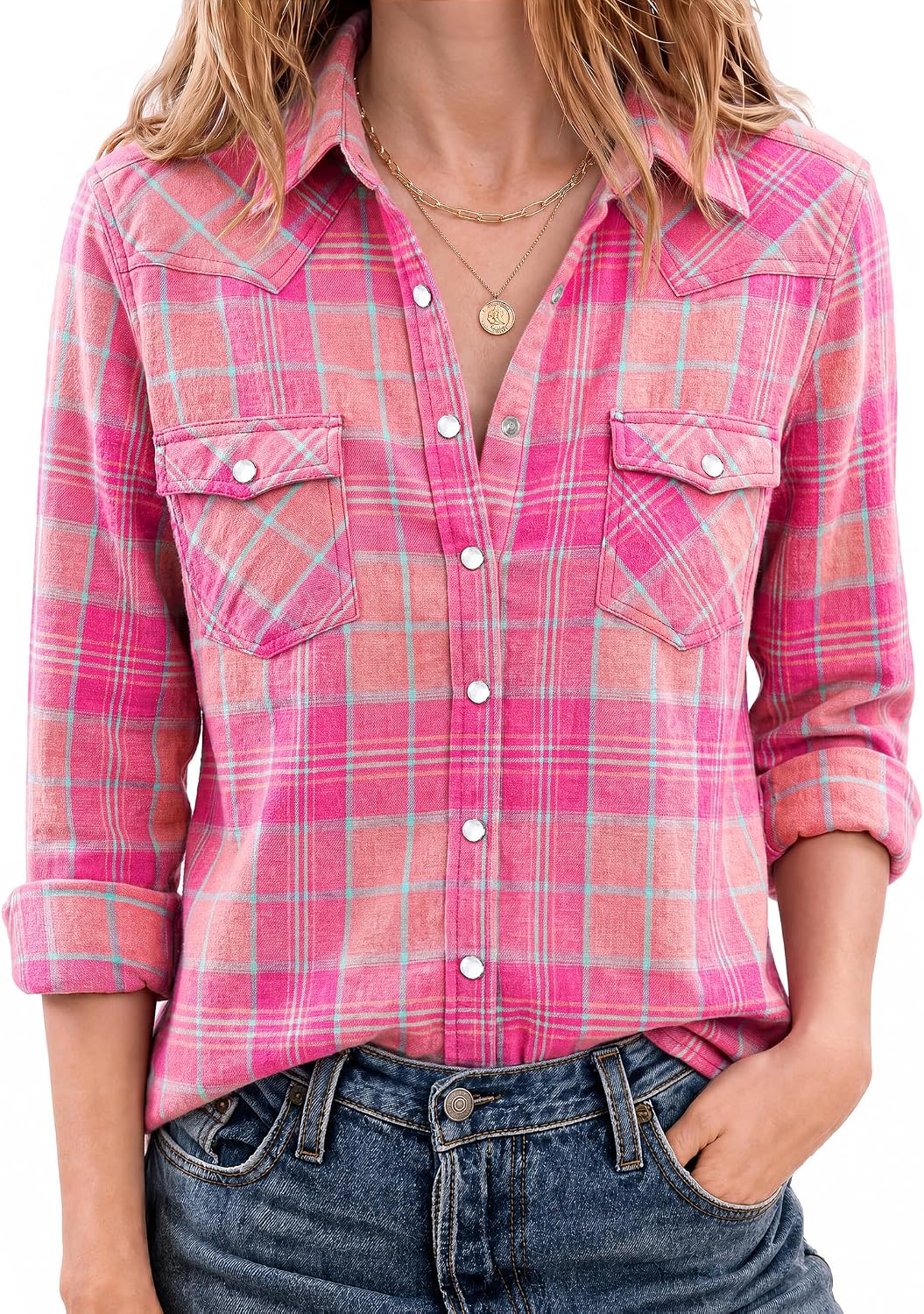 JOGAL Women's Western Plaid Pearl-Snap Shirt - Pink - model front