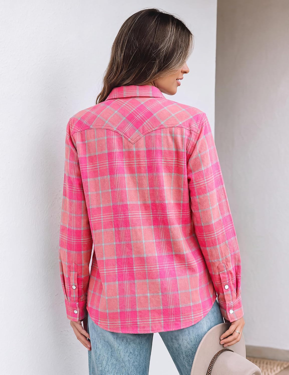 JOGAL Women's Western Plaid Pearl-Snap Shirt - Pink - rear three quarter