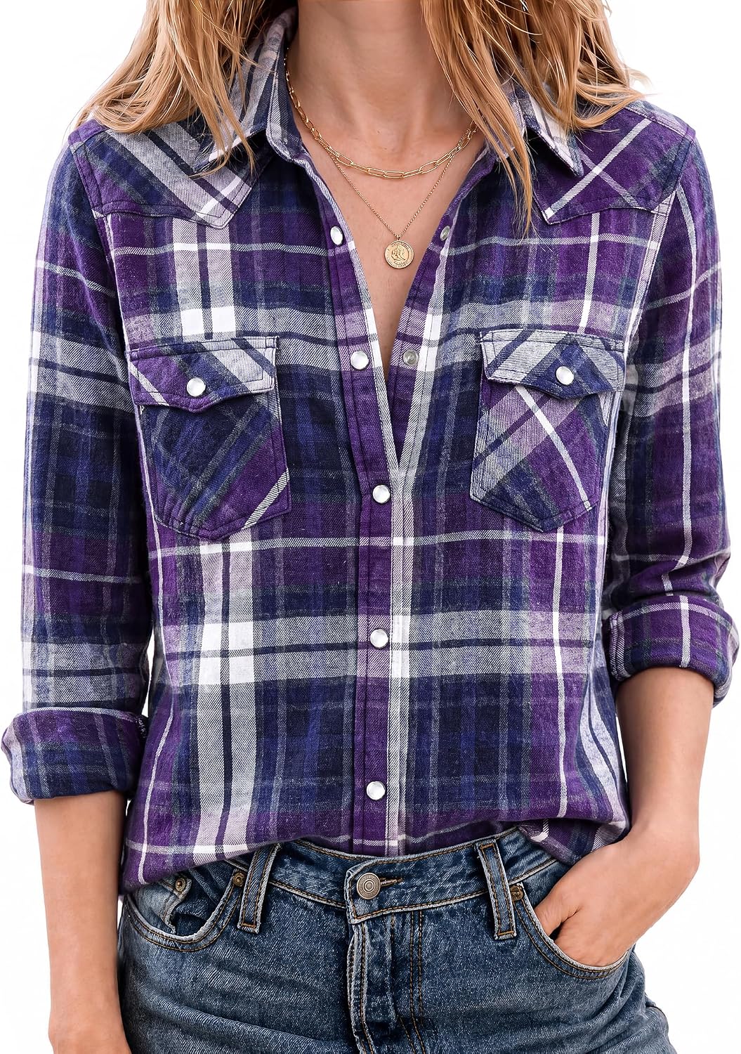 JOGAL Women's Western Plaid Pearl-Snap Shirt - Purple - model front
