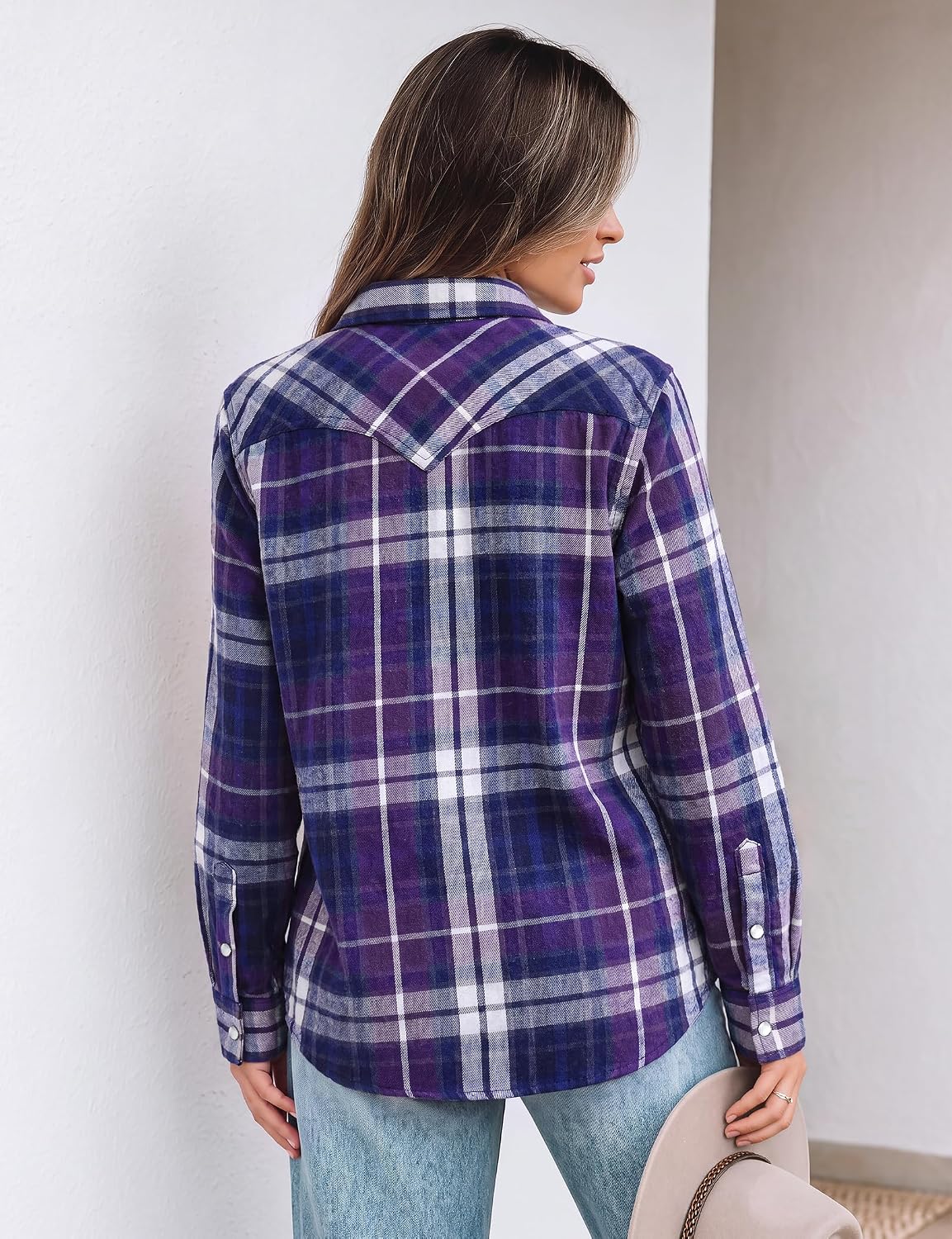 JOGAL Women's Western Plaid Pearl-Snap Shirt - Purple - rear three quarter