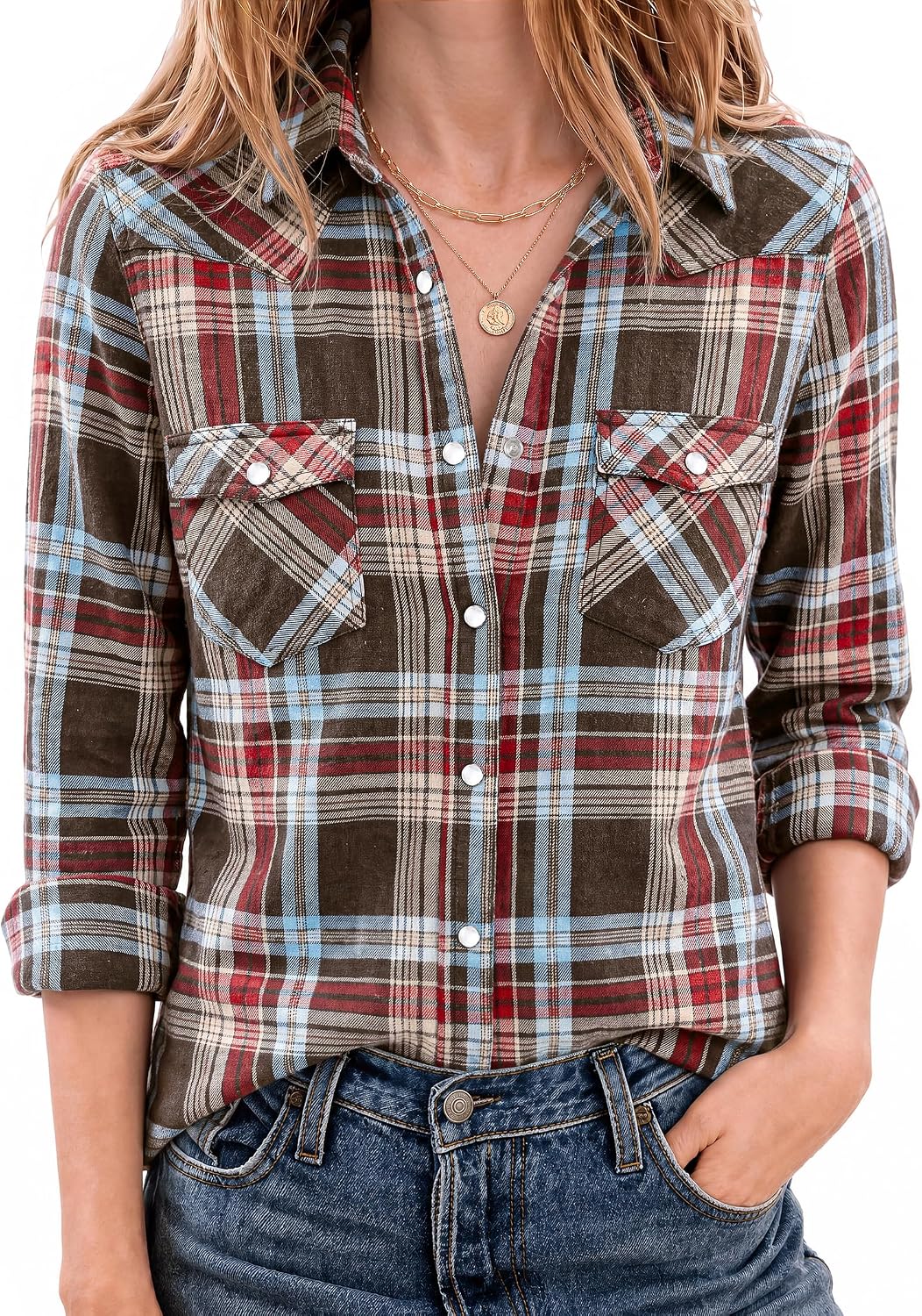 JOGAL Women's Western Plaid Pearl-Snap Shirt - Red Brown - model front