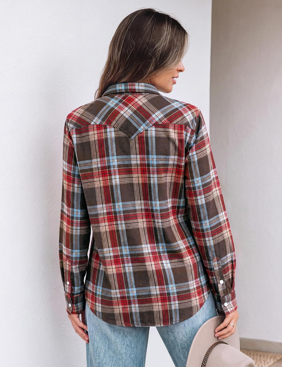 JOGAL Women's Western Plaid Pearl-Snap Shirt - Red Brown - rear three quarter