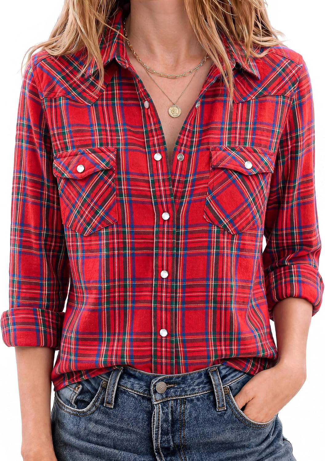 JOGAL Women's Western Plaid Pearl-Snap Shirt - Red Green - model front