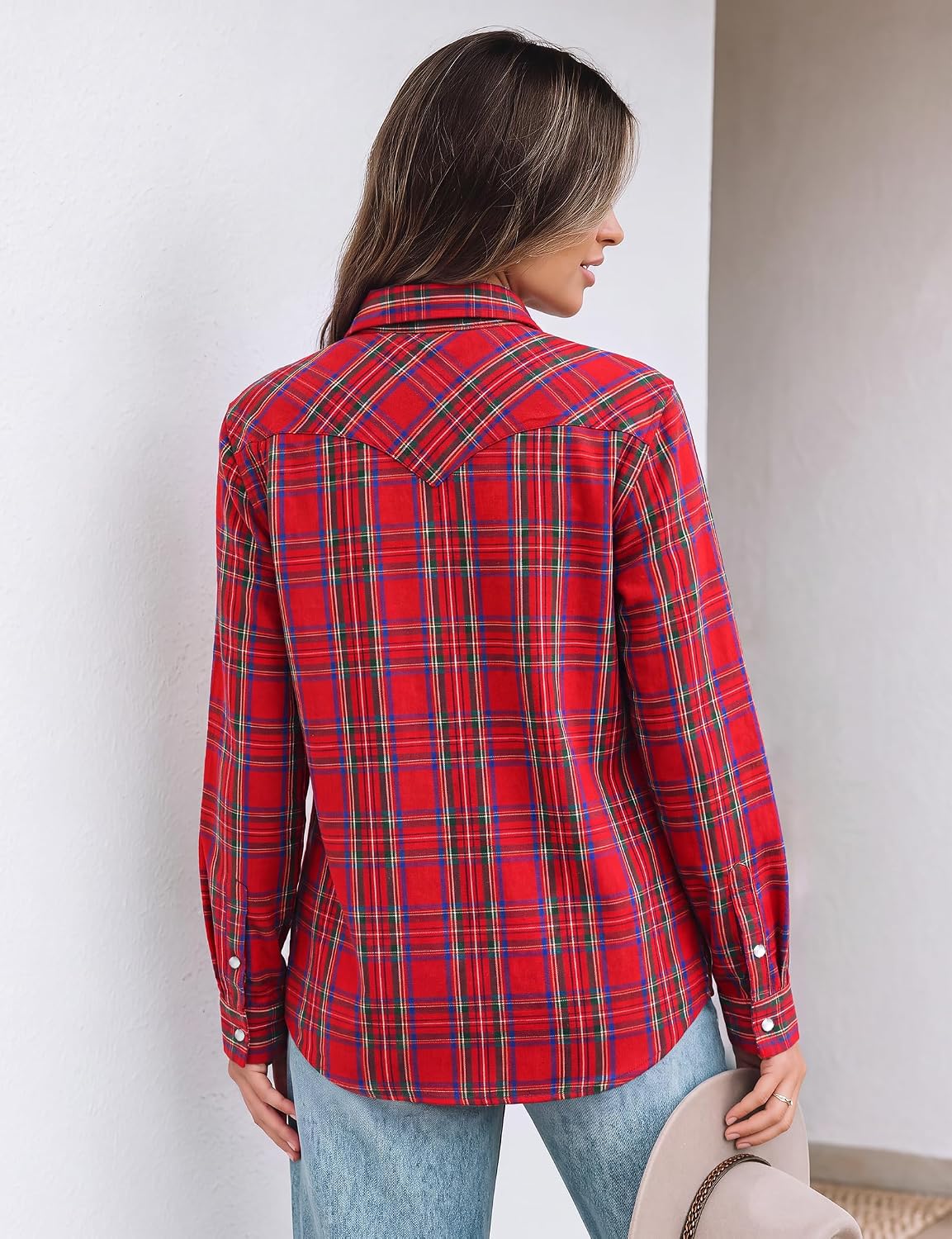 JOGAL Women's Western Plaid Pearl-Snap Shirt - Red Green - rear three quarter