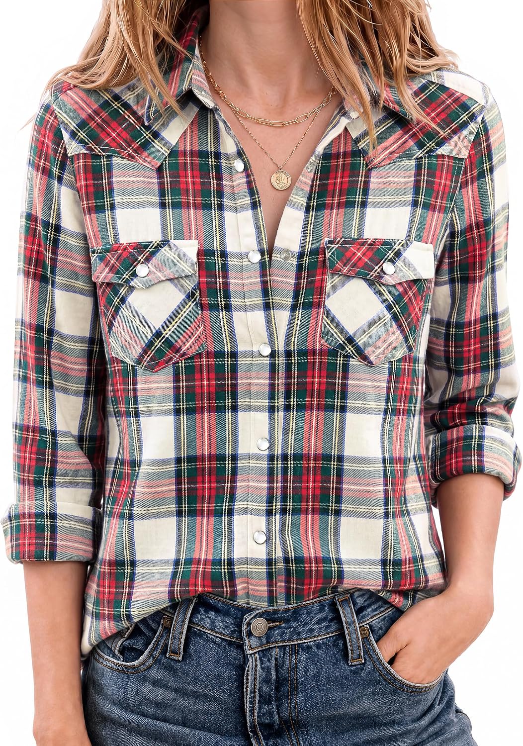 JOGAL Women's Western Plaid Pearl-Snap Shirt - Red White - model front
