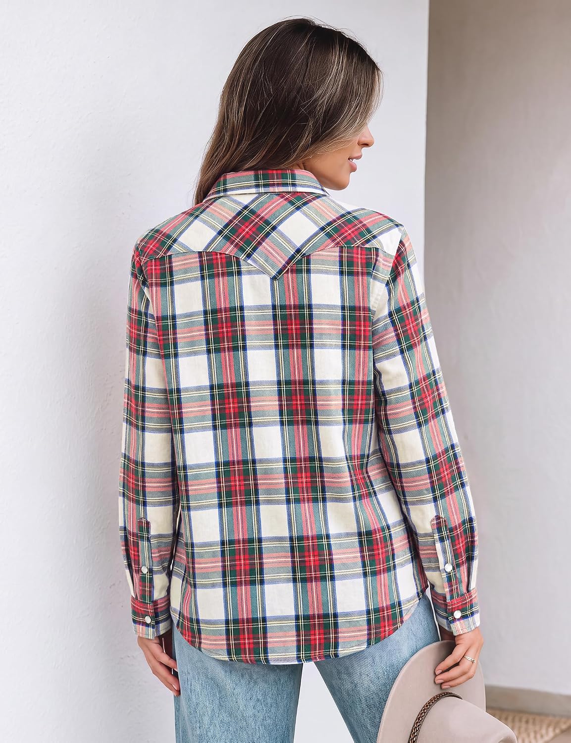 JOGAL Women's Western Plaid Pearl-Snap Shirt - Red White - rear three quarter