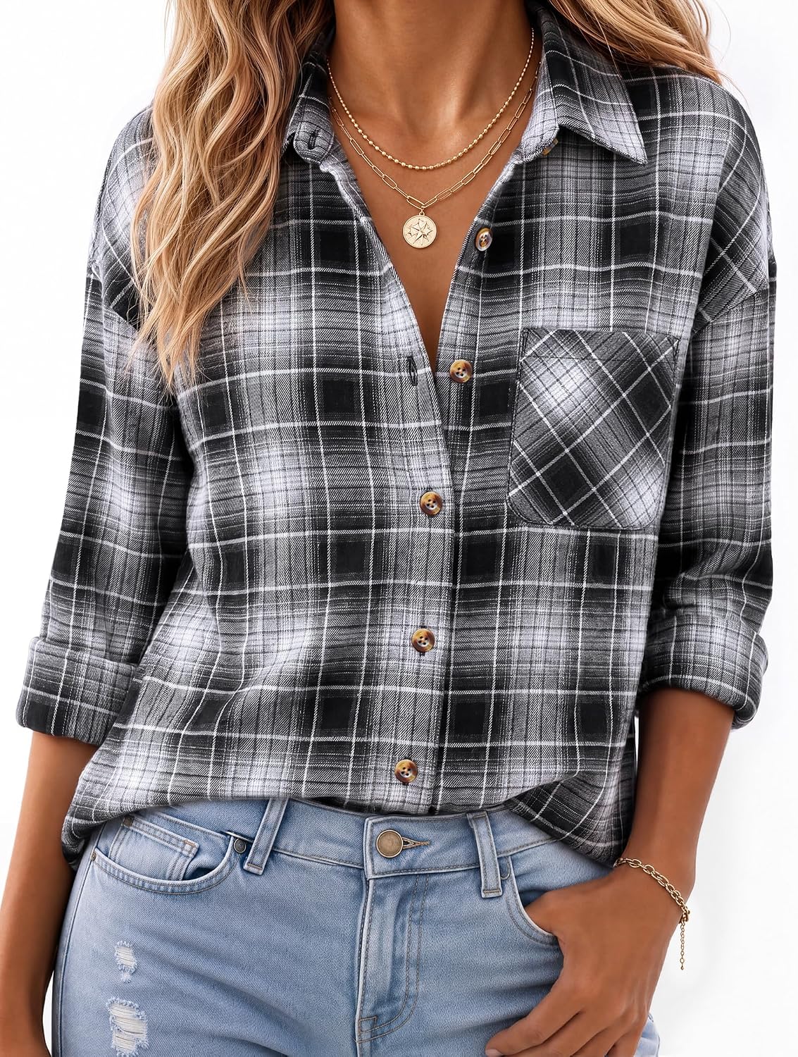 JOGAL W597 Women's Oversized Plaid Flannel Long-Sleeve Shirt - Black Grey - model front