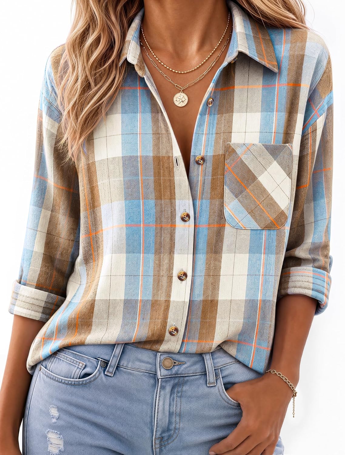 JOGAL W597 Women's Oversized Plaid Flannel Long-Sleeve Shirt - Blue Beige - model front