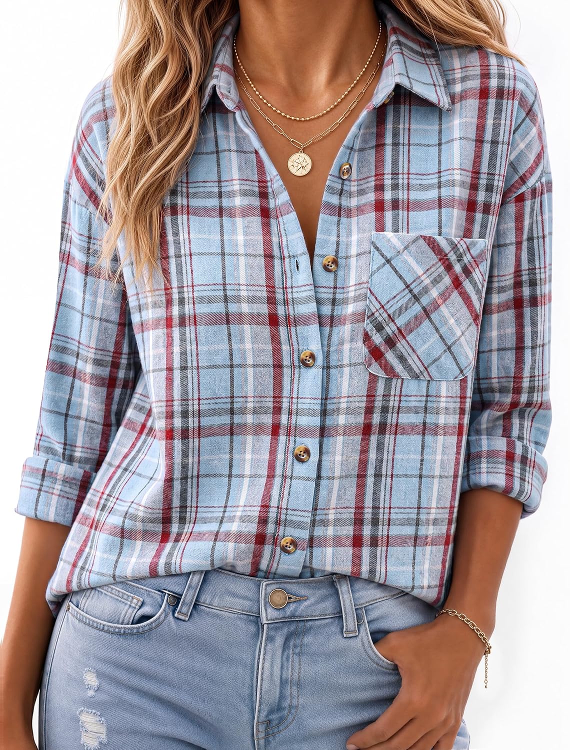 JOGAL W597 Women's Oversized Plaid Flannel Long-Sleeve Shirt - Blue Gray - model front