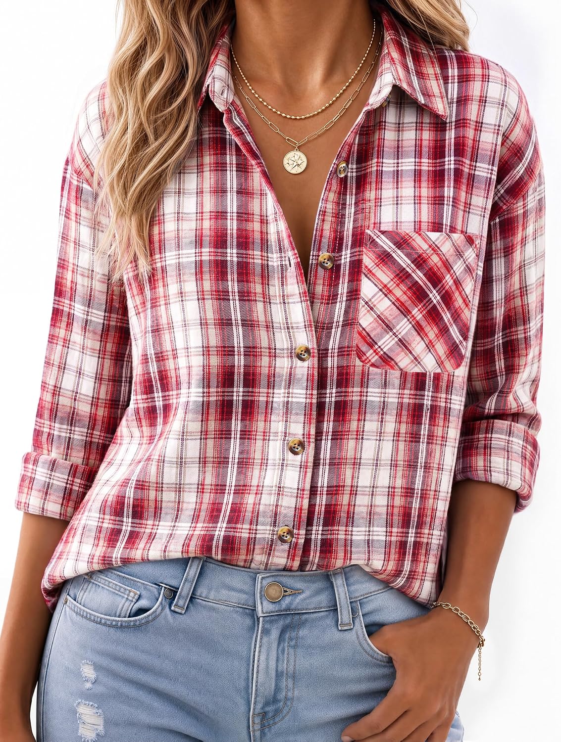 JOGAL W597 Women's Oversized Plaid Flannel Long-Sleeve Shirt - Burgundy - model front