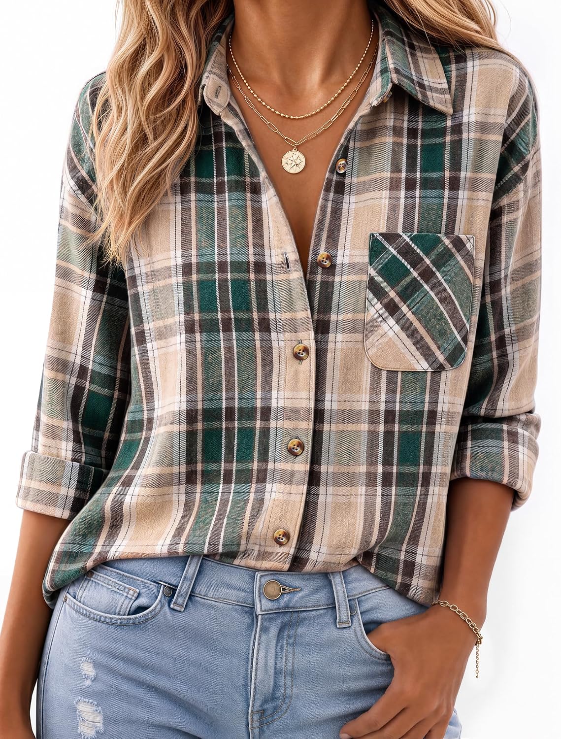 JOGAL W597 Women's Oversized Plaid Flannel Long-Sleeve Shirt - Darkgreen Beige - model front