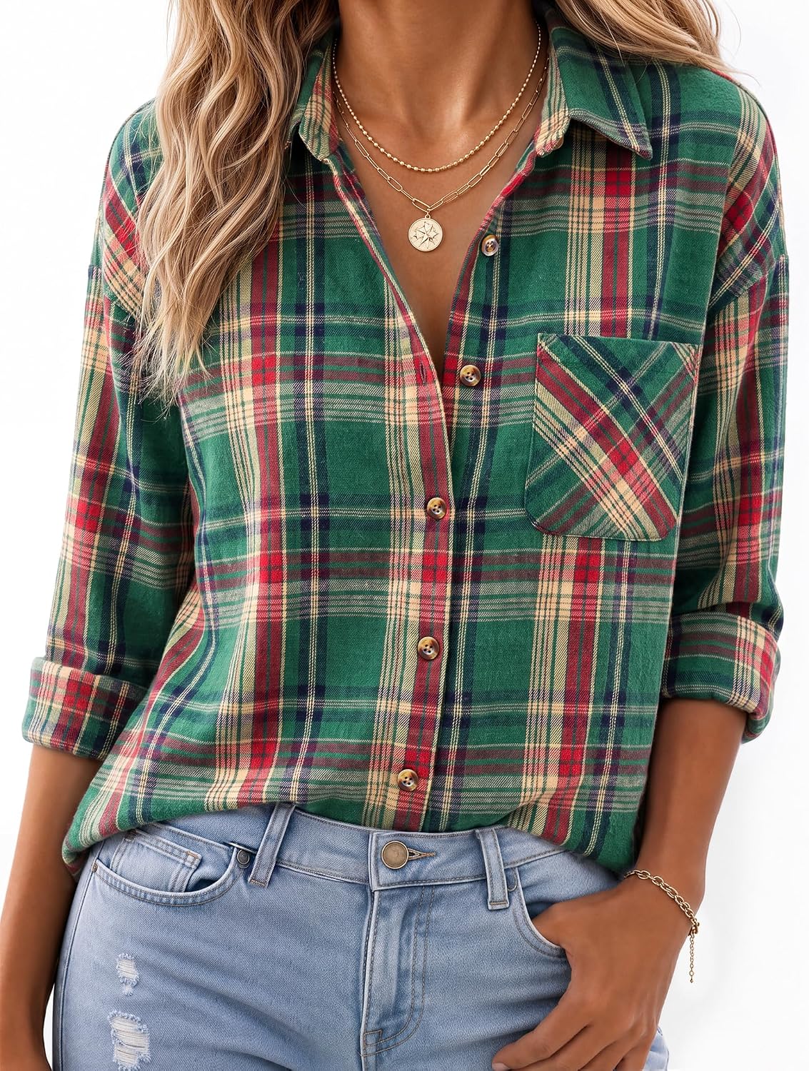 JOGAL W597 Women's Oversized Plaid Flannel Long-Sleeve Shirt - Darkgreen Red - model front