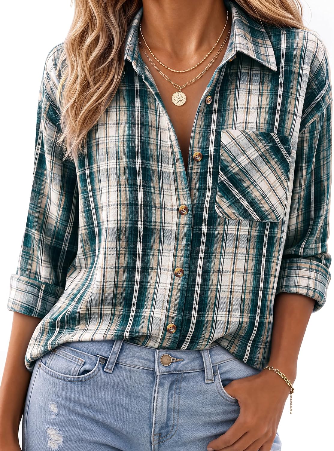 JOGAL W597 Women's Oversized Plaid Flannel Long-Sleeve Shirt - Green Beige - model front